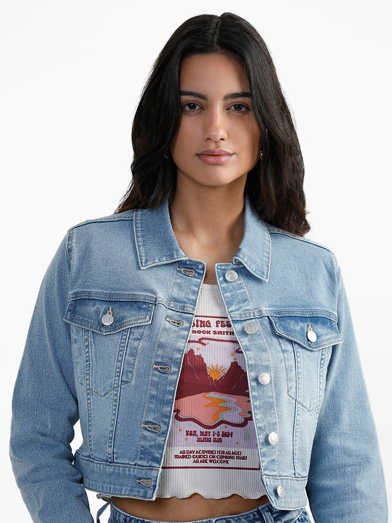 Buy online Women Light Blue Solid Denim Jacket from jackets and blazers and  coats for Women by Showoff for ₹1809 at 60% off | 2024 Limeroad.com